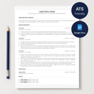 May include: A white resume template with black text, featuring sections for professional summary, work experience, education, and skills. A dark blue pencil lies to the left. Two circular badges state ATS Friendly and Google Docs.