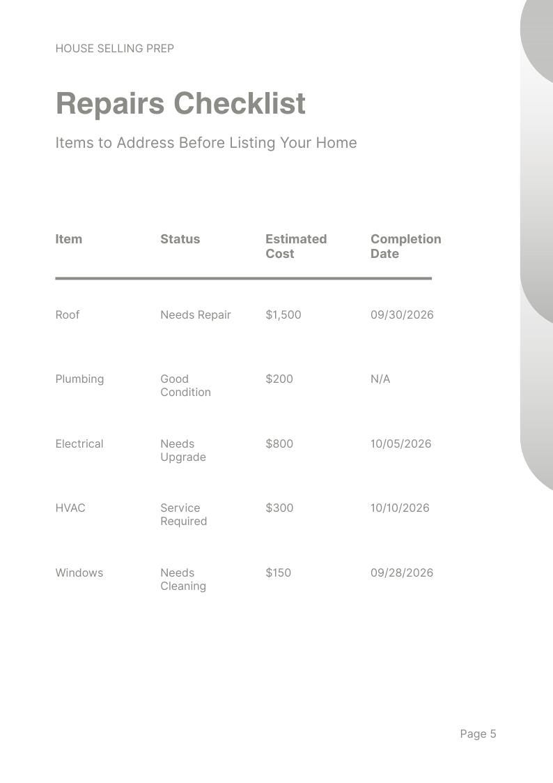 May include: A House Selling Prep Repairs Checklist document with columns for Item, Status, Estimated Cost, and Completion Date. It lists home maintenance tasks including Roof, Plumbing, Electrical, HVAC, and Windows with associated data and Page 5.