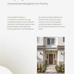 Pu&ograve; includere: Un modello di registro di manutenzione intitolato Property Overview, contenente testo sulla gestione e il monitoraggio per i proprietari. La pagina include una fotografia dell'esterno di una casa chiara con una porta d'ingresso marrone.