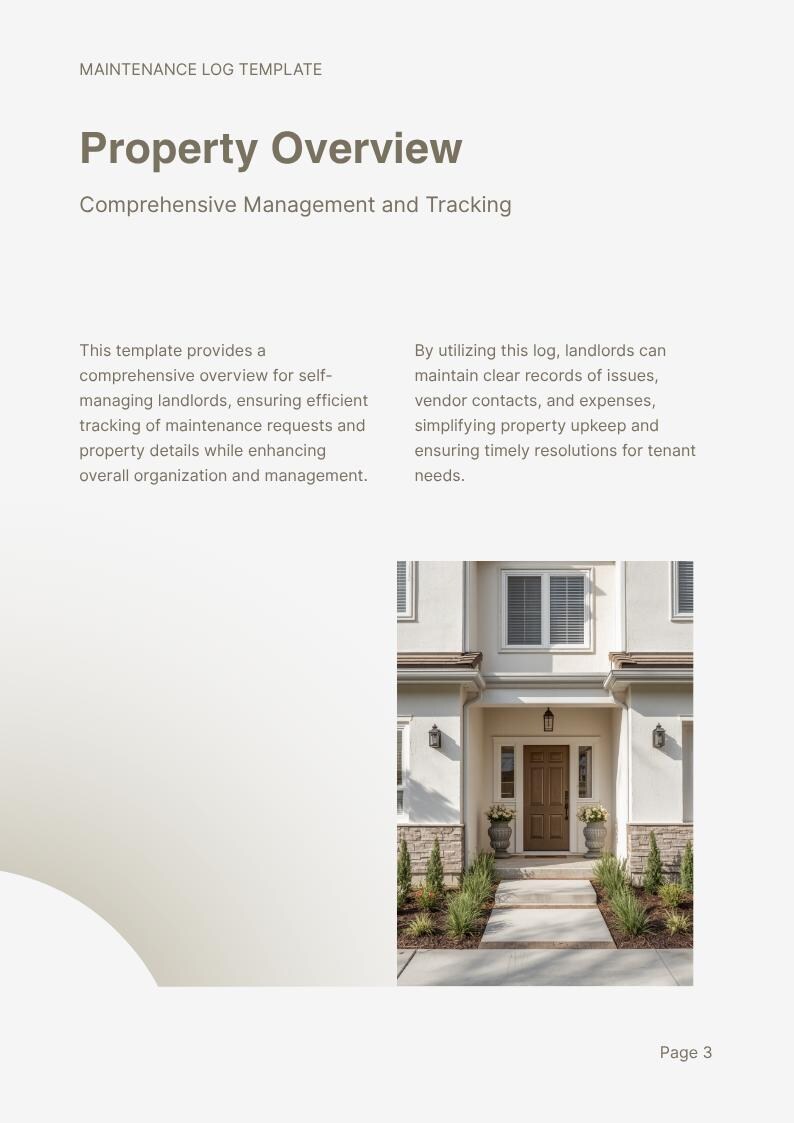 Pu&ograve; includere: Un modello di registro di manutenzione intitolato Property Overview, contenente testo sulla gestione e il monitoraggio per i proprietari. La pagina include una fotografia dell'esterno di una casa chiara con una porta d'ingresso marrone.