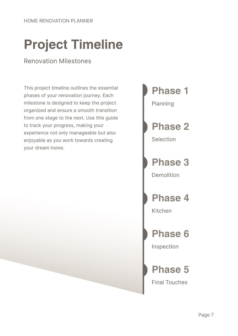 May include: A home renovation planner page titled Project Timeline and Renovation Milestones. It features a vertical timeline with dark gray circular markers for Phase 1 Planning, Phase 2 Selection, Phase 3 Demolition, Phase 4 Kitchen, Phase 6 Inspection, and Phase 5 Final Touches. Text explains the project journey.