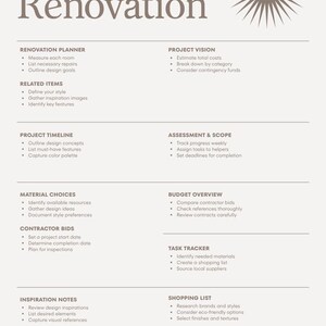 May include: A light beige home renovation planner document featuring a brown sun icon and the text Home Renovation. It includes sections for Renovation Planner, Project Vision, Related Items, Project Timeline, Assessment and Scope, Material Choices, Budget Overview, Contractor Bids, Task Tracker, Inspiration Notes, and Shopping List.
