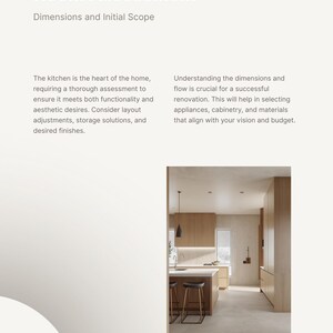 May include: A document titled Kitchen Assessment Room Assessment Dimensions and Initial Scope featuring text about kitchen renovation and a photograph of a modern kitchen with light wood cabinetry, a white island, and two dark stools.