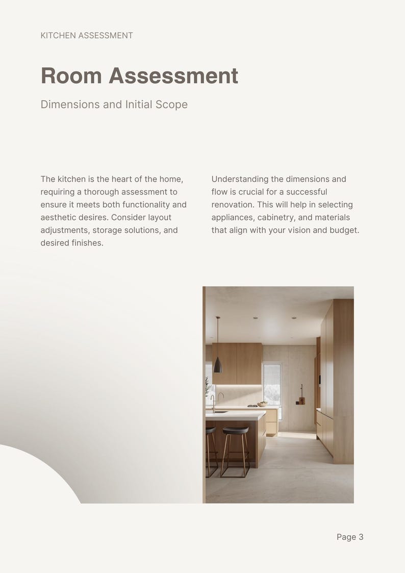 May include: A document titled Kitchen Assessment Room Assessment Dimensions and Initial Scope featuring text about kitchen renovation and a photograph of a modern kitchen with light wood cabinetry, a white island, and two dark stools.