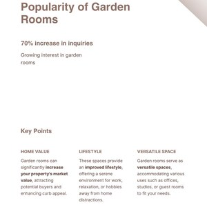 Puede incluir: Un documento titulado Garden Room Report con el encabezado Popularity of Garden Rooms, que se&ntilde;ala un aumento del 70% en las consultas. Enumera puntos clave sobre el valor de la vivienda, el estilo de vida y el espacio vers&aacute;til, terminando con Page 2.