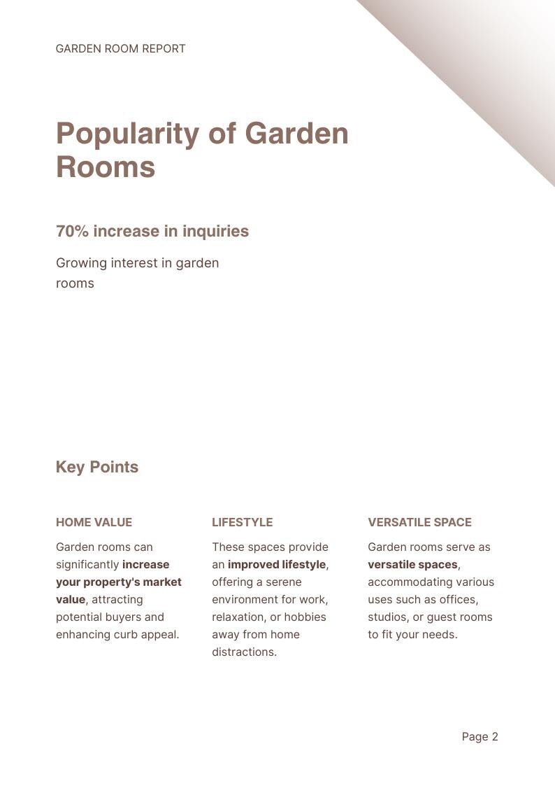 Puede incluir: Un documento titulado Garden Room Report con el encabezado Popularity of Garden Rooms, que se&ntilde;ala un aumento del 70% en las consultas. Enumera puntos clave sobre el valor de la vivienda, el estilo de vida y el espacio vers&aacute;til, terminando con Page 2.