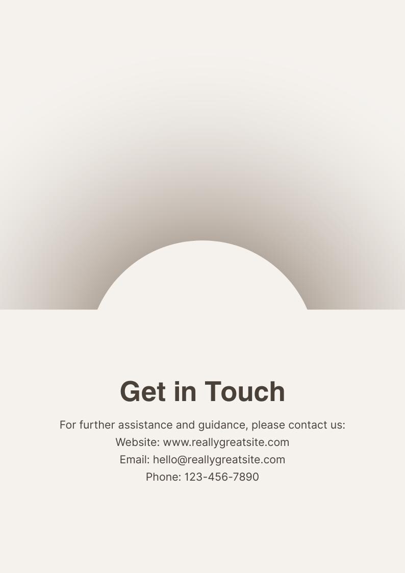 Op de afbeelding: Een beige informatiekaart met een halfronde afbeelding bovenaan en de tekst Get in Touch. Daaronder staat For further assistance and guidance, please contact us: Website: www.reallygreatsite.com Email: hello@reallygreatsite.com Phone: 123-456-7890.