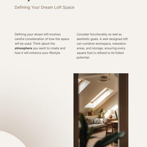 Op de afbeelding: Een pagina van een zolderverbouwingsplanner met de titel Project Vision, Defining Your Dream Loft Space. Het bevat tekst over de functionaliteit van de zolder en een foto van een ingerichte zolderkamer met dakramen, een bank en een lamp.