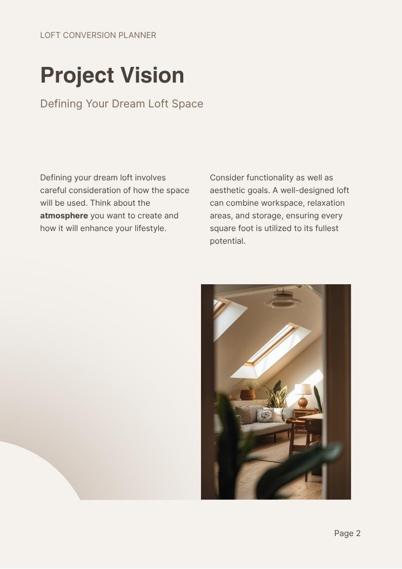 Op de afbeelding: Een pagina van een zolderverbouwingsplanner met de titel Project Vision, Defining Your Dream Loft Space. Het bevat tekst over de functionaliteit van de zolder en een foto van een ingerichte zolderkamer met dakramen, een bank en een lamp.