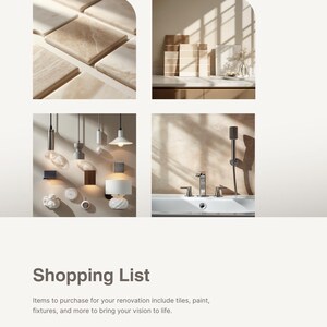 May include: A home renovation planner page titled HOME RENOVATION PLANNER; 2026-09-13. It features four images showing beige tiles, paint swatches, various pendant and wall lighting fixtures, and a chrome bathroom faucet with a handheld shower head.