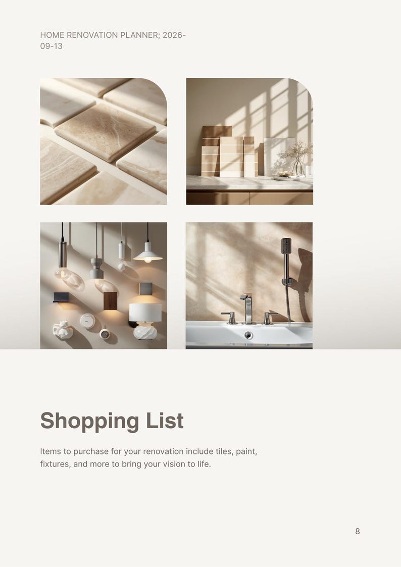May include: A home renovation planner page titled HOME RENOVATION PLANNER; 2026-09-13. It features four images showing beige tiles, paint swatches, various pendant and wall lighting fixtures, and a chrome bathroom faucet with a handheld shower head.