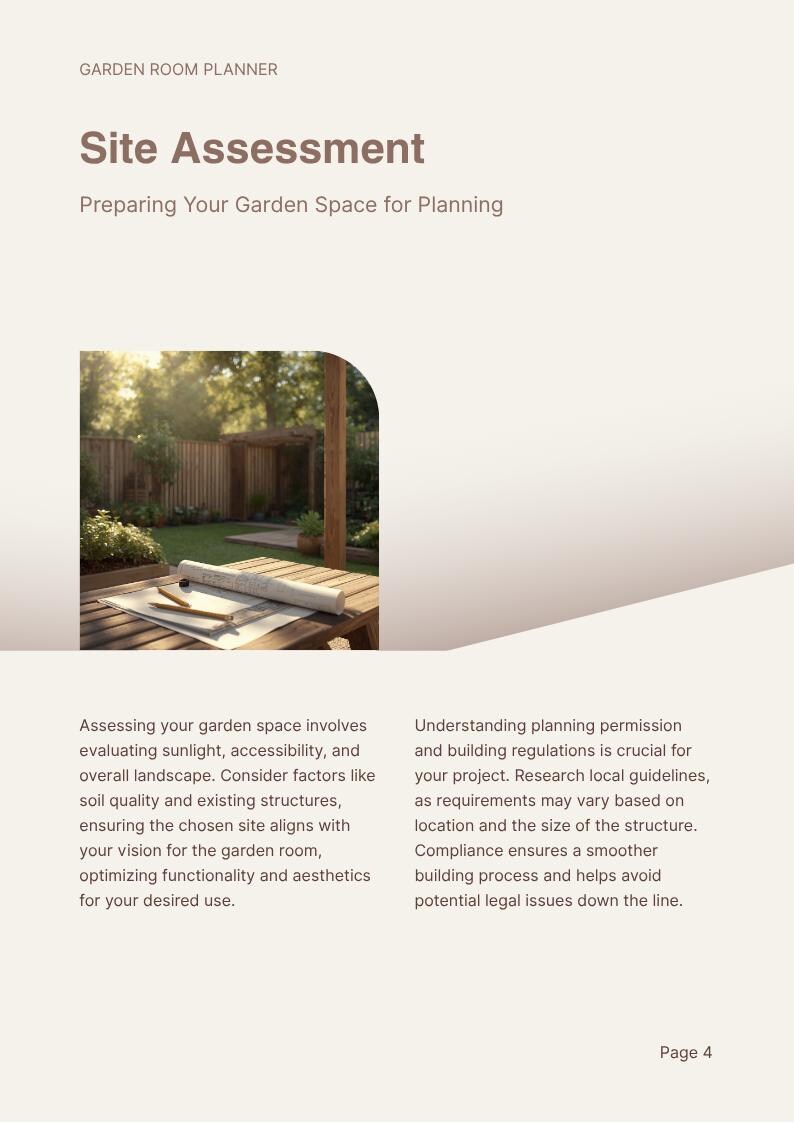 Puede incluir: Una p&aacute;gina de un planificador de jardines titulada Site Assessment, Preparing Your Garden Space for Planning. Incluye una fotograf&iacute;a de una mesa de madera con un plano enrollado y un l&aacute;piz, con vistas a un jard&iacute;n con valla y c&eacute;sped.