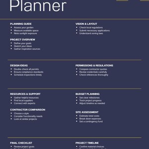 Op de afbeelding: Een donkerblauw Outbuilding Planner document met witte tekst, onderverdeeld in secties zoals Planning Guide, Project Overview, Vision & Layout, Design Ideas, Permissions & Regulations, Resources & Support, Budget Planning, Contractor Comparison, Site Assessment, Final Checklist en Project Timeline.