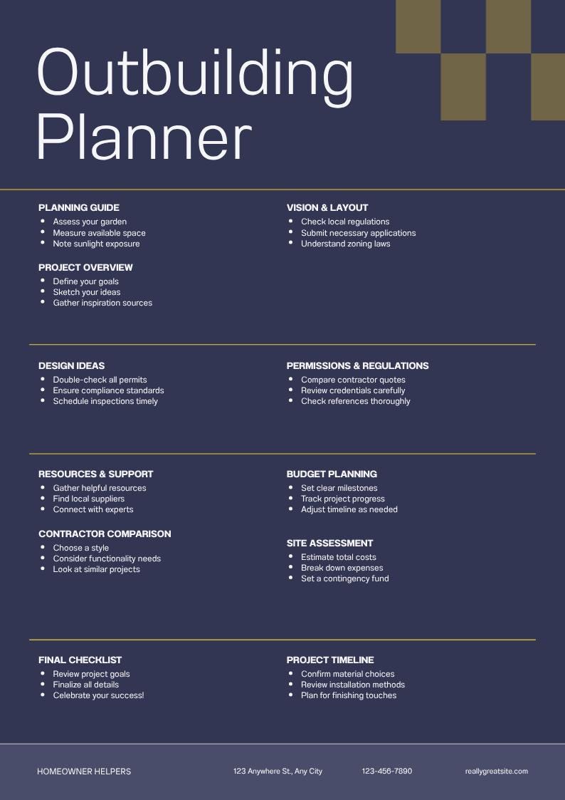 Puede incluir: Un documento azul oscuro titulado Outbuilding Planner con texto blanco organizado en secciones: Planning Guide, Project Overview, Vision & Layout, Design Ideas, Permissions & Regulations, Resources & Support, Budget Planning, Contractor Comparison, Site Assessment, Final Checklist y Project Timeline.