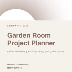 Puede incluir: Un documento titulado Garden Room Project Planner con fecha 13 de septiembre de 2026. El texto incluye A comprehensive guide for planning your garden space, Presented to Homeowners, y Presented by [Your Name] con espacios para nombres.