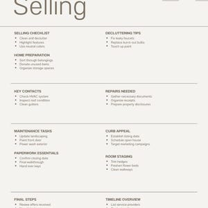 Puede incluir: Un documento informativo beige y blanco titulado Home Selling con secciones para una lista de verificación de venta, consejos de limpieza, preparación del hogar, contactos clave, reparaciones, mantenimiento y cronograma.
