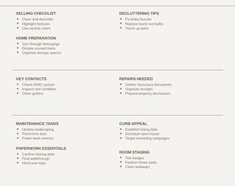 May include: A beige and white informational document titled Home Selling with sections for a selling checklist, decluttering tips, home preparation, key contacts, repairs needed, maintenance tasks, curb appeal, paperwork, staging, and a timeline.
