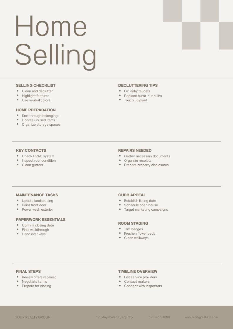 May include: A beige and white informational document titled Home Selling with sections for a selling checklist, decluttering tips, home preparation, key contacts, repairs needed, maintenance tasks, curb appeal, paperwork, staging, and a timeline.