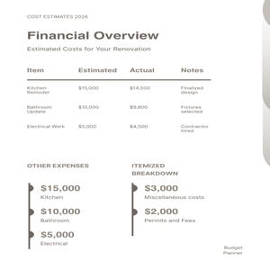 May include: A white document titled Financial Overview Cost Estimates 2026 with a table listing renovation items including Kitchen Remodel, Bathroom Update, and Electrical Work with estimated and actual costs in dollars, plus itemized expenses.