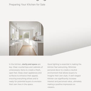 May include: A white document titled Home Preparation Checklist Kitchen Staging Preparing Your Kitchen for Sale. It features a photograph of a bright, modern kitchen with white cabinets, light countertops, and wood flooring, alongside text advice.