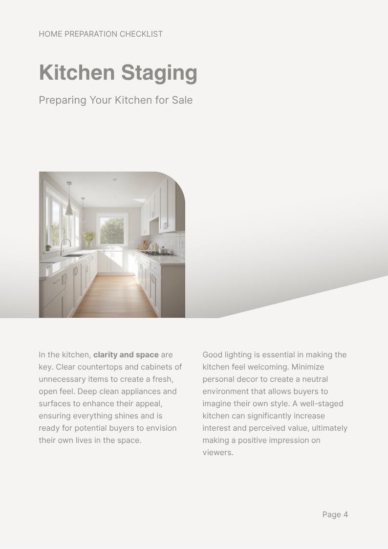 May include: A white document titled Home Preparation Checklist Kitchen Staging Preparing Your Kitchen for Sale. It features a photograph of a bright, modern kitchen with white cabinets, light countertops, and wood flooring, alongside text advice.