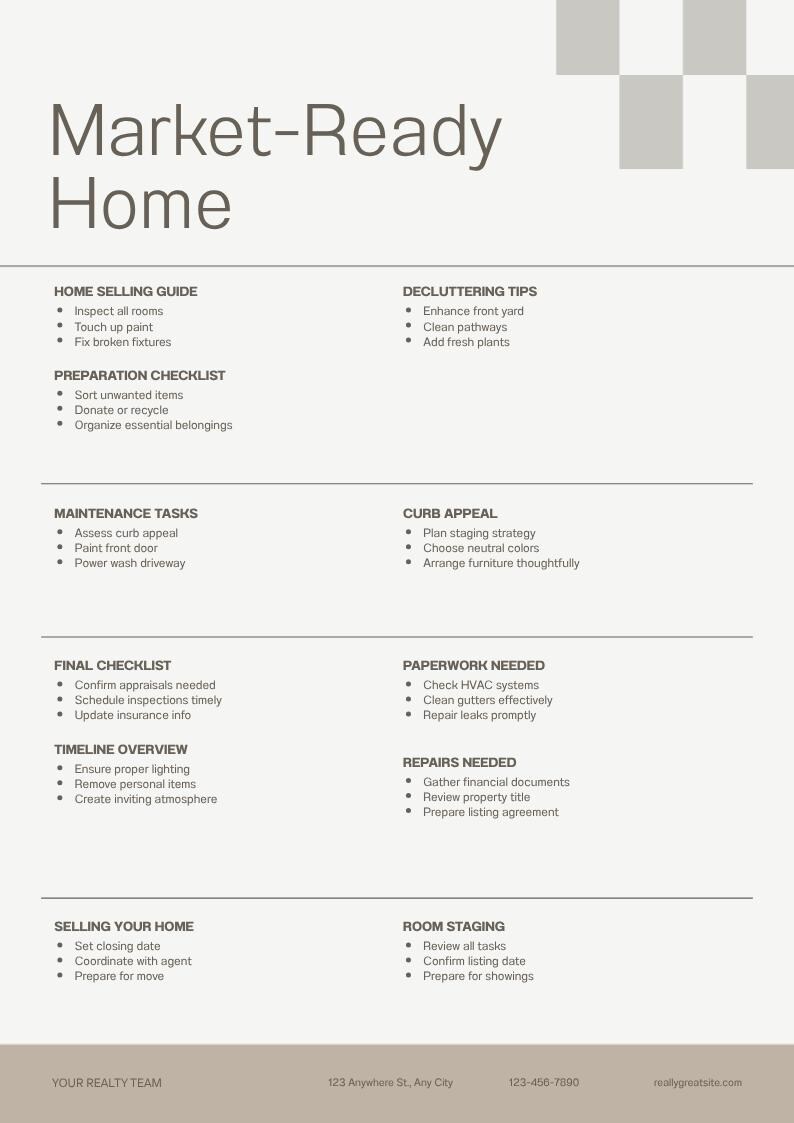 Peut inclure: Un document informatif blanc intitul&eacute; Market-Ready Home avec des accents gris. Il pr&eacute;sente des listes &agrave; puces pour la vente, le d&eacute;sencombrement, l'entretien, l'attrait ext&eacute;rieur, les r&eacute;parations, les documents et la mise en sc&egrave;ne de la maison.