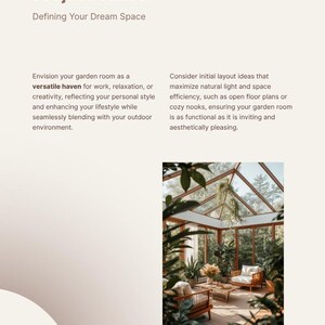 Puede incluir: Un documento de planificaci&oacute;n de jard&iacute;n titulado Project Vision, Defining Your Dream Space. La p&aacute;gina incluye texto sobre dise&ntilde;os de jardines y una fotograf&iacute;a de una terraza acristalada con marcos de madera, plantas y muebles, marcada como P&aacute;gina 3.