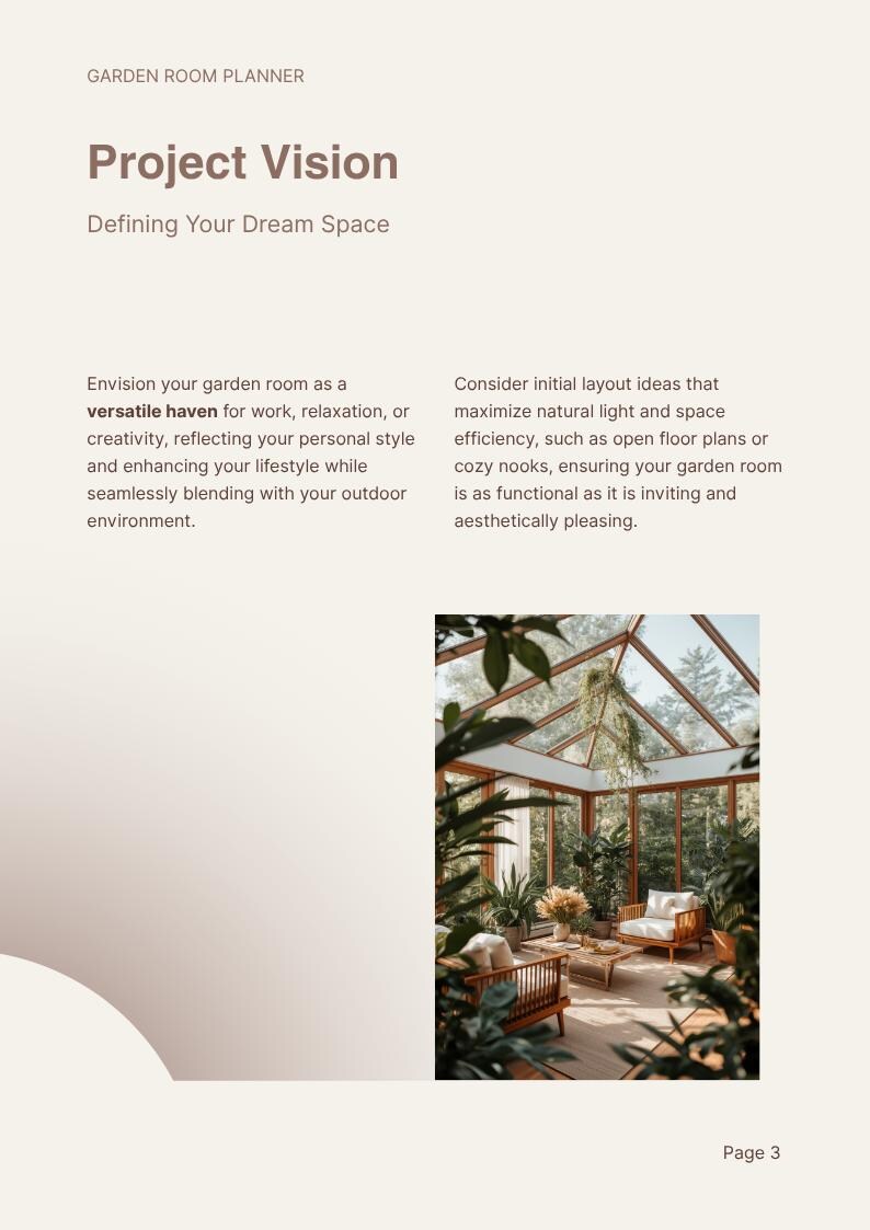 Puede incluir: Un documento de planificaci&oacute;n de jard&iacute;n titulado Project Vision, Defining Your Dream Space. La p&aacute;gina incluye texto sobre dise&ntilde;os de jardines y una fotograf&iacute;a de una terraza acristalada con marcos de madera, plantas y muebles, marcada como P&aacute;gina 3.