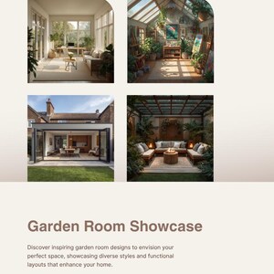 Puede incluir: Una p&aacute;gina de planificador de proyectos titulada Garden Room Showcase, fechada el 13-09-2026, que presenta cuatro fotograf&iacute;as distintas de dise&ntilde;os de salas de jard&iacute;n, incluyendo sol&aacute;riums, un estudio de invernadero y un patio.