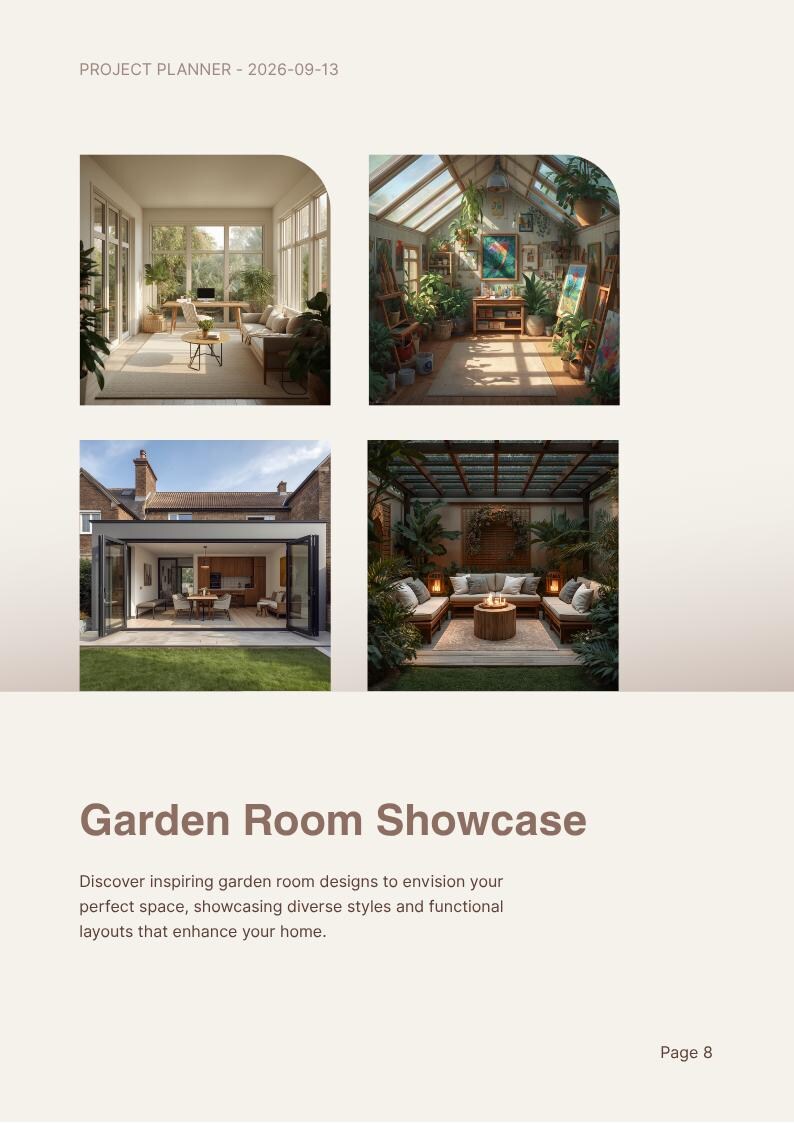 Puede incluir: Una p&aacute;gina de planificador de proyectos titulada Garden Room Showcase, fechada el 13-09-2026, que presenta cuatro fotograf&iacute;as distintas de dise&ntilde;os de salas de jard&iacute;n, incluyendo sol&aacute;riums, un estudio de invernadero y un patio.