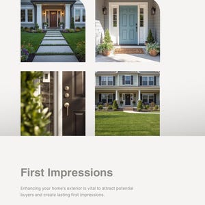 May include: A digital document titled Curb Appeal Checklist and First Impressions featuring four photographs of residential home exteriors. The images display front entryways, a blue door, a dark door with hardware, and a front lawn with landscaping.