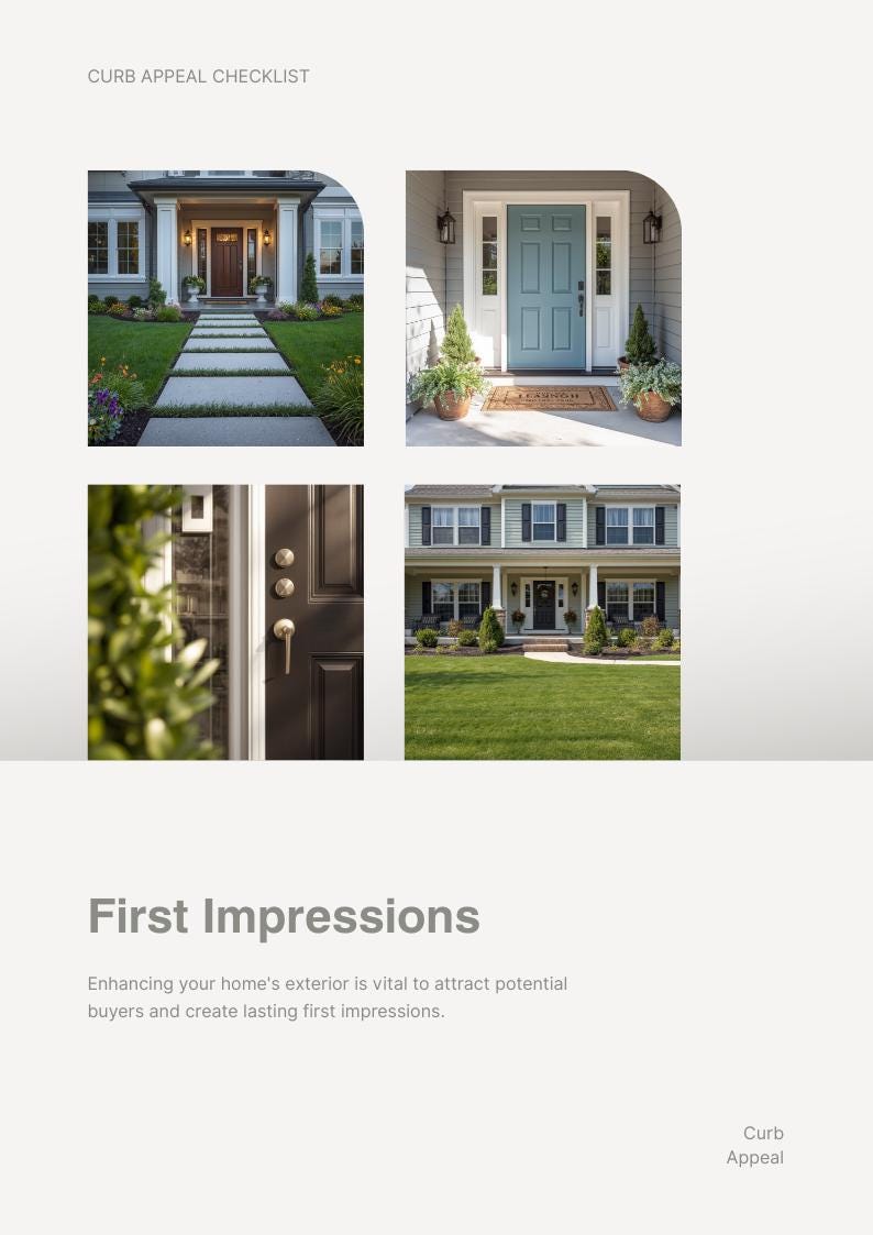 May include: A digital document titled Curb Appeal Checklist and First Impressions featuring four photographs of residential home exteriors. The images display front entryways, a blue door, a dark door with hardware, and a front lawn with landscaping.