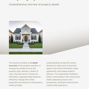 Pu&ograve; includere: Una pagina di modello per registro di manutenzione intitolata Property Specifics con il sottotitolo Comprehensive overview of property details. Include una foto di una casa chiara con prato e testo sulla gestione immobiliare.