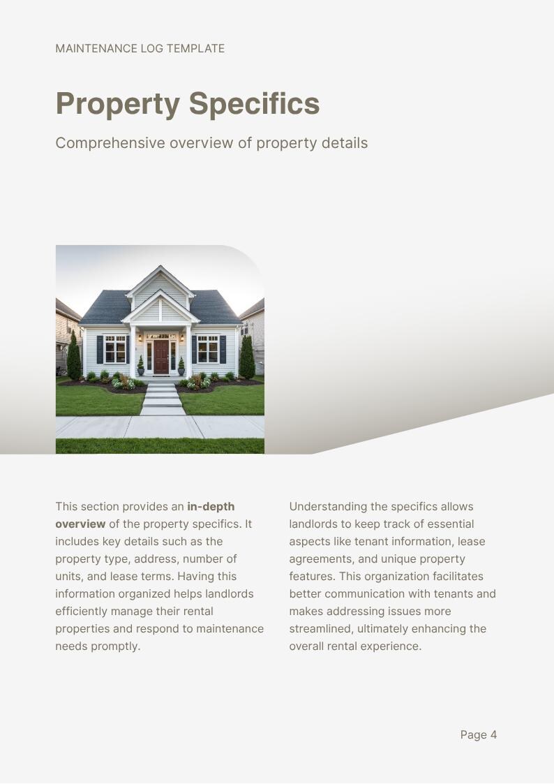 Pu&ograve; includere: Una pagina di modello per registro di manutenzione intitolata Property Specifics con il sottotitolo Comprehensive overview of property details. Include una foto di una casa chiara con prato e testo sulla gestione immobiliare.
