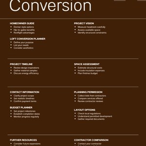 Puede incluir: Un folleto informativo marrón titulado Loft Conversion con texto en blanco. Enumera secciones que incluyen Homeowner Guide, Project Vision, Loft Conversion Planner, Project Timeline, Space Assessment, Contact Information, Planning Permission, Budget Planner, Layout Options, Further Resources y Contractor Comparison.