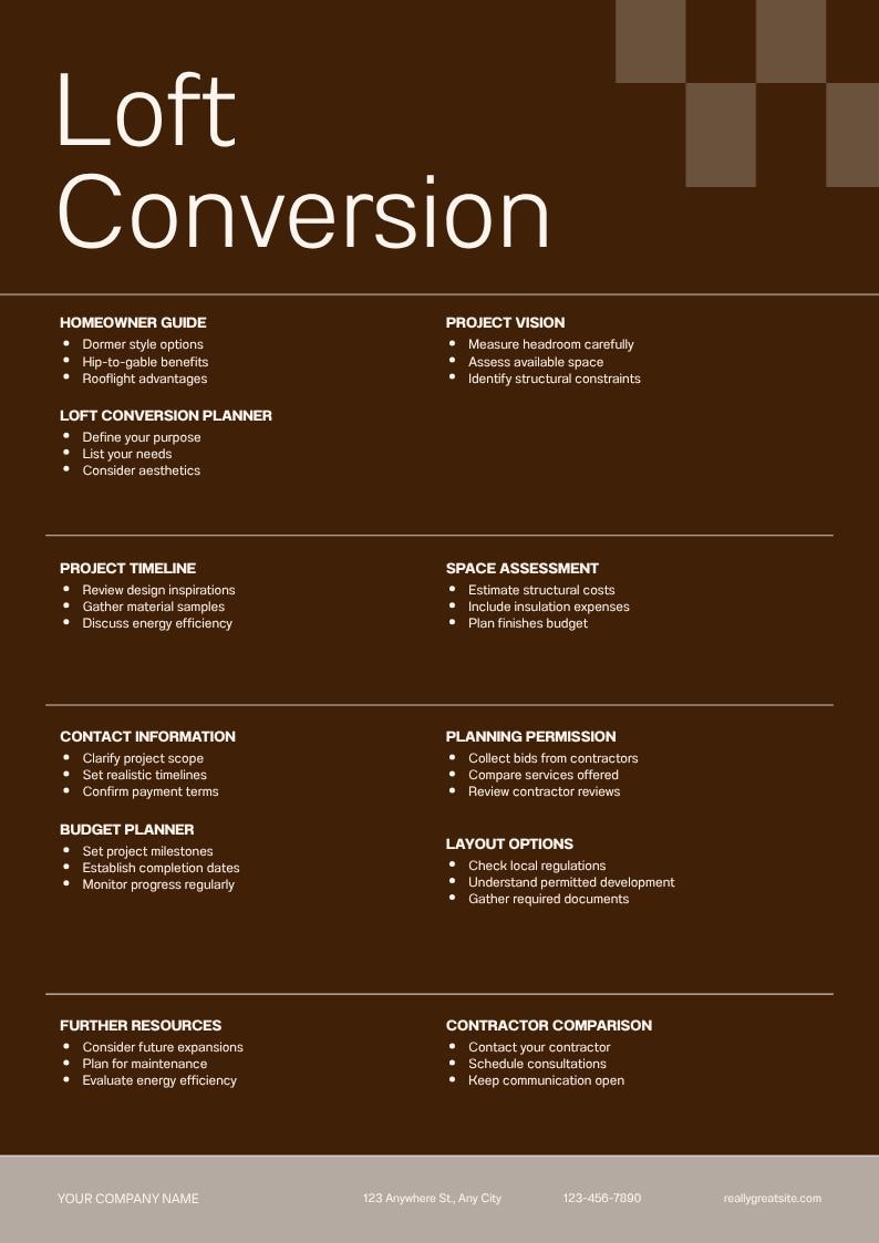 May include: A brown informational flyer titled Loft Conversion with white text. It lists sections including Homeowner Guide, Project Vision, Loft Conversion Planner, Project Timeline, Space Assessment, Contact Information, Planning Permission, Budget Planner, Layout Options, Further Resources, and Contractor Comparison.
