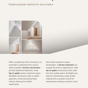 Op de afbeelding: Een pagina uit een zolderverbouwingsplanner getiteld Loft Conversion Styles. Het bevat tekst over dakkapel-, nokverhoging- en dakraamconversies, naast drie foto's van zolderinterieurs met schuine plafonds en ramen.