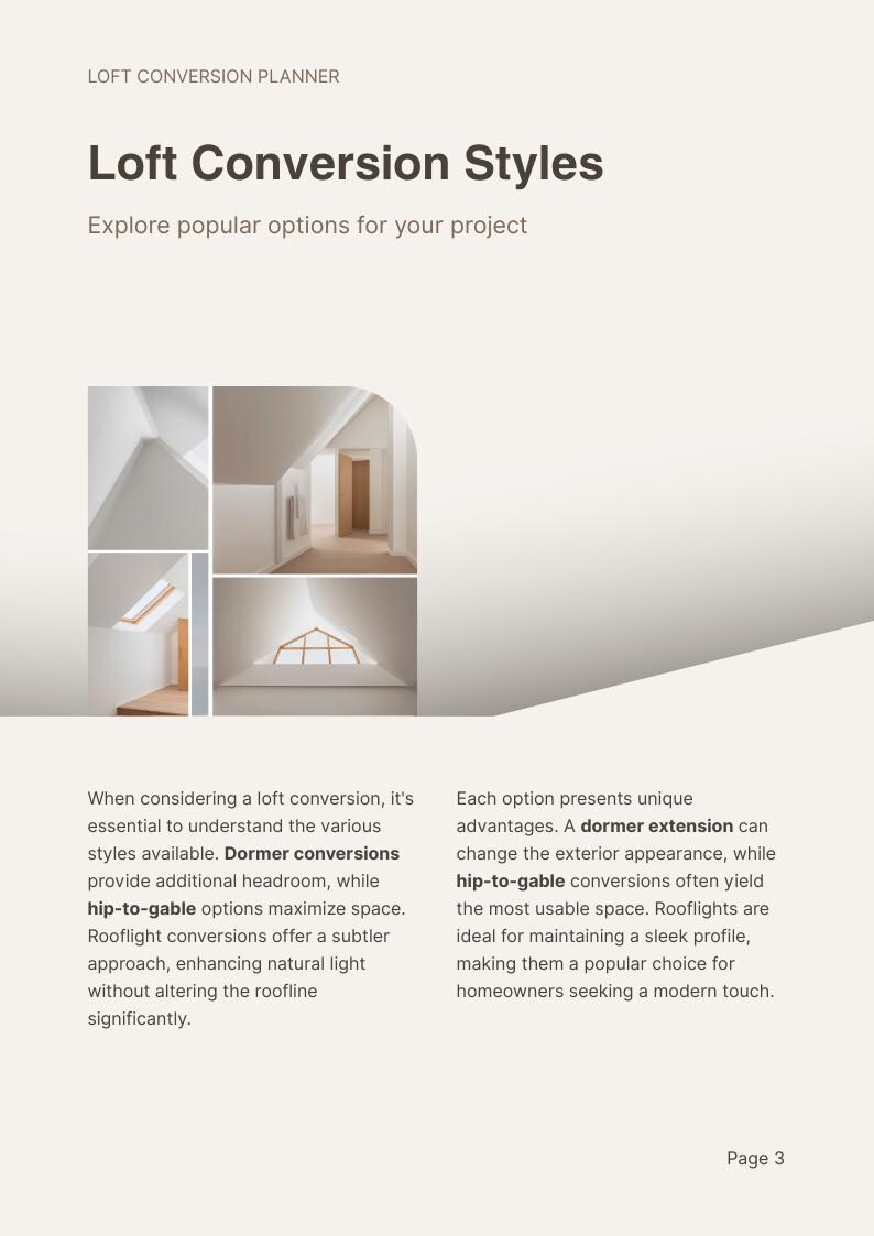Op de afbeelding: Een pagina uit een zolderverbouwingsplanner getiteld Loft Conversion Styles. Het bevat tekst over dakkapel-, nokverhoging- en dakraamconversies, naast drie foto's van zolderinterieurs met schuine plafonds en ramen.