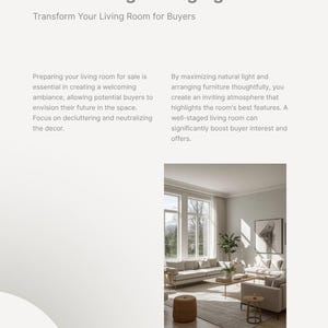 May include: A page from a home selling planner titled Decluttering & Staging, Transform Your Living Room for Buyers. It includes text about preparing a living room for sale and a photograph of a bright, neutral-toned living room with furniture.
