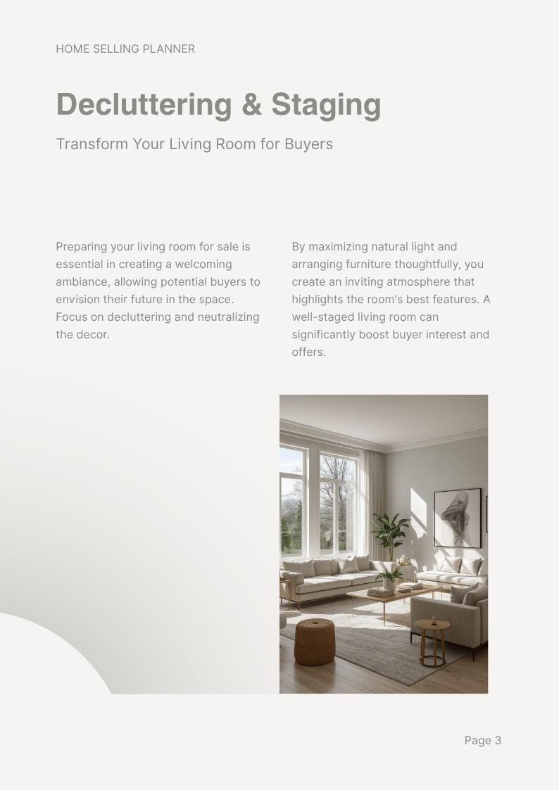 May include: A page from a home selling planner titled Decluttering & Staging, Transform Your Living Room for Buyers. It includes text about preparing a living room for sale and a photograph of a bright, neutral-toned living room with furniture.
