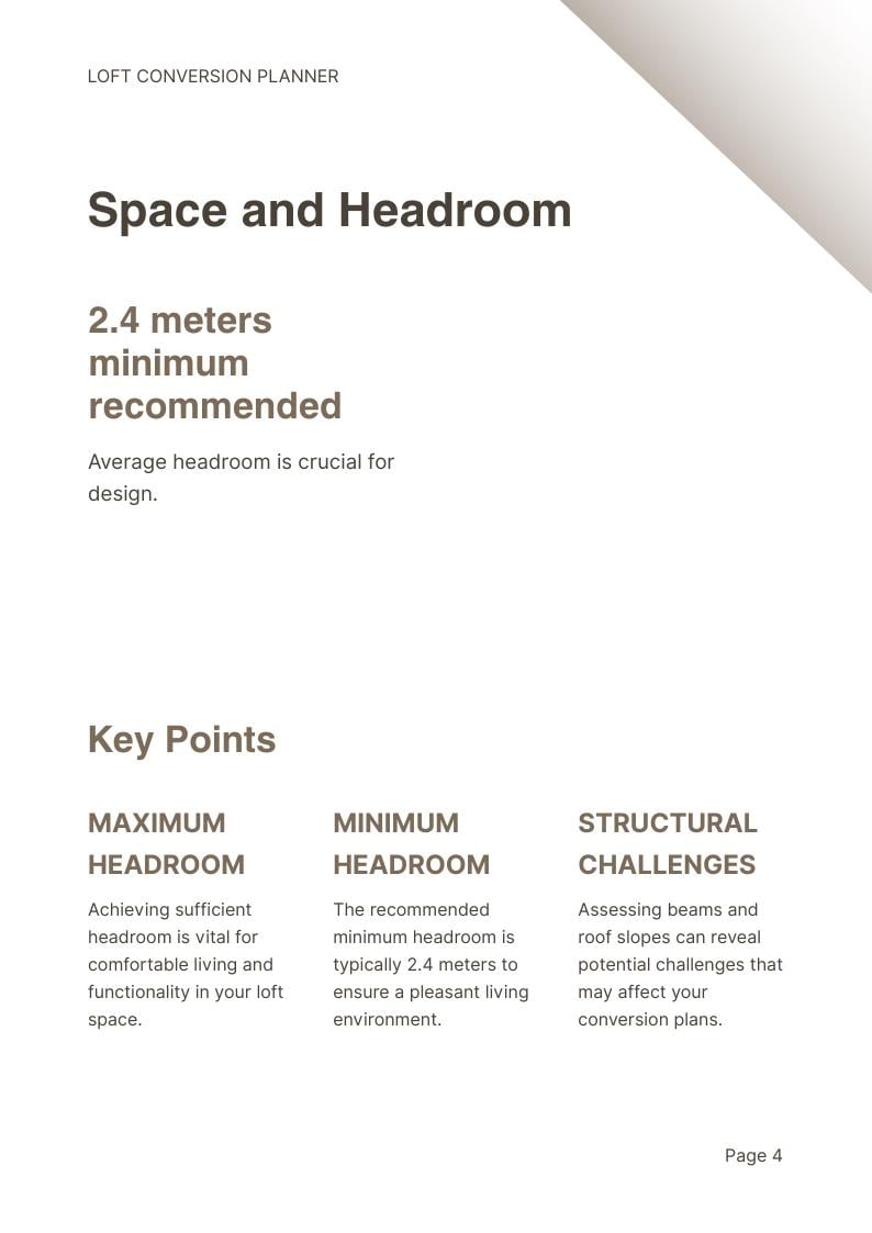 Op de afbeelding: Een pagina uit een zolderverbouwingsplanner getiteld Space and Headroom. Het vermeldt een aanbevolen minimale stahoogte van 2,4 meter. Het document bevat secties voor Maximum Headroom, Minimum Headroom en Structural Challenges met tekst.