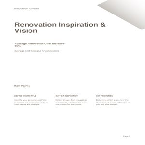 May include: A white renovation planner page titled Renovation Inspiration & Vision. It includes the text Average Renovation Cost Increase: 15% and lists three key points: Define Your Style, Gather Inspiration, and Set Priorities with descriptions.