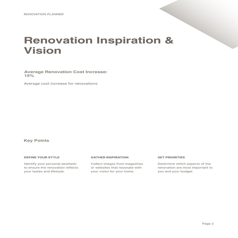 May include: A white renovation planner page titled Renovation Inspiration & Vision. It includes the text Average Renovation Cost Increase: 15% and lists three key points: Define Your Style, Gather Inspiration, and Set Priorities with descriptions.