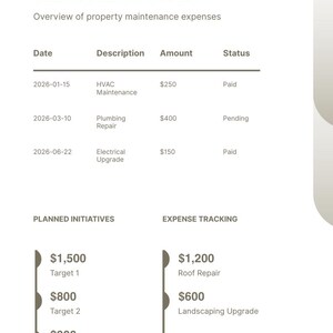 Pu&ograve; includere: Un rapporto spese del 2026 intitolato Maintenance Costs, che dettaglia le spese di manutenzione della propriet&agrave; con colonne per data, descrizione, importo e stato. Elenca i costi HVAC, idraulici ed elettrici, insieme a sezioni di monitoraggio.