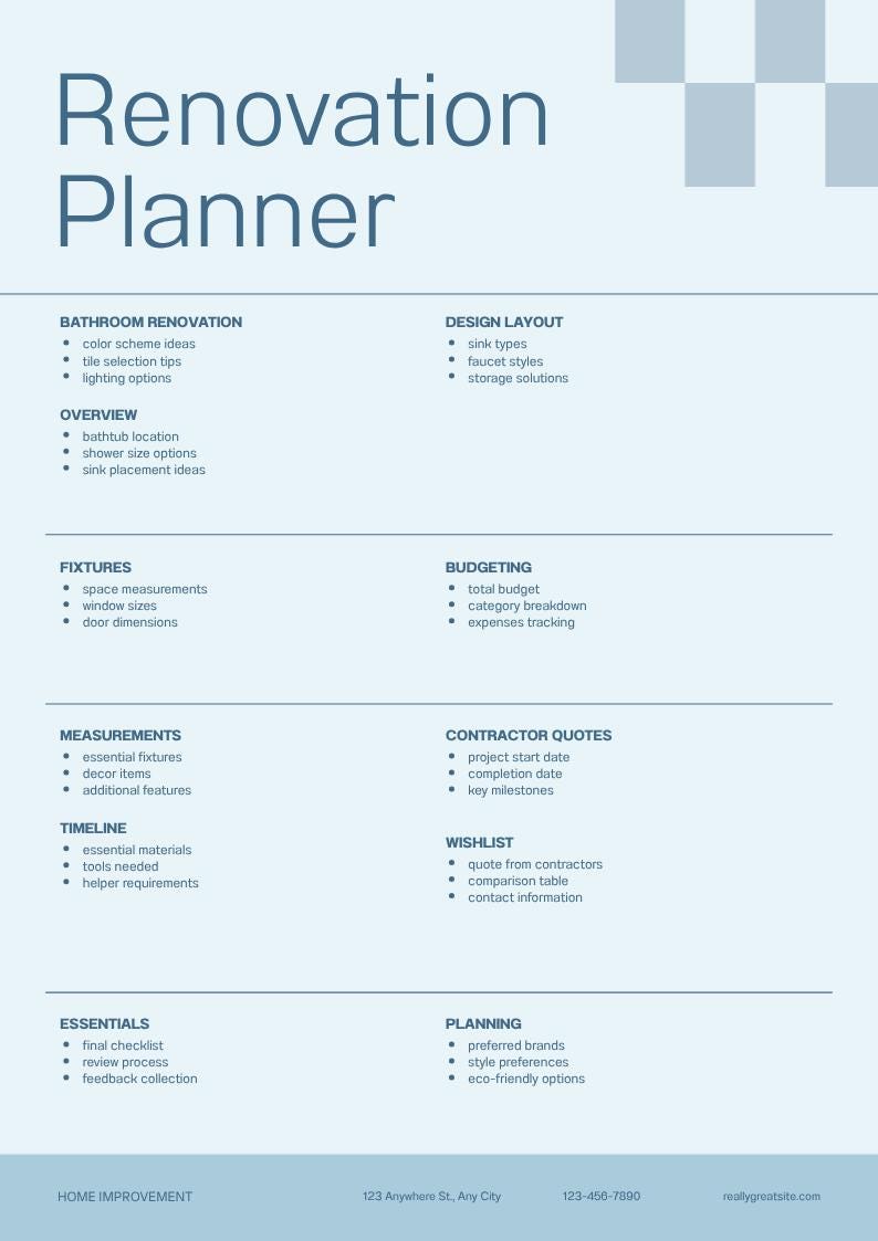 May include: A light blue Renovation Planner document featuring sections for bathroom renovation, design layout, fixtures, budgeting, measurements, contractor quotes, timeline, wishlist, essentials, and planning with bulleted lists for project tracking.