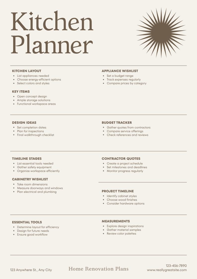 May include: A beige Kitchen Planner document featuring dark brown text and a sunburst graphic. It includes sections for kitchen layout, appliance wishlist, design ideas, budget tracker, timeline stages, contractor quotes, and cabinetry wishlist.
