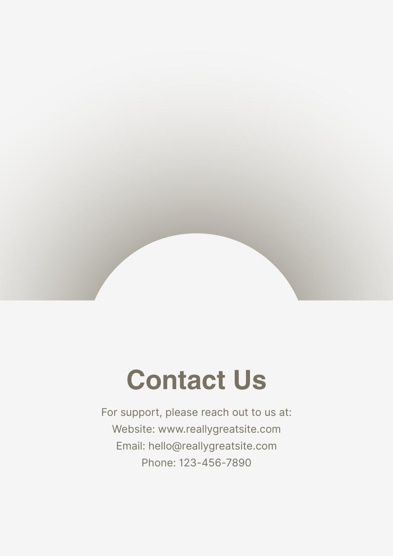 Pu&ograve; includere: Un grafico informativo bianco che presenta il testo Contact Us seguito dai dettagli di supporto: Website: www.reallygreatsite.com, Email: hello@reallygreatsite.com e Phone: 123-456-7890. Il design include un arco semicircolare nella parte superiore.