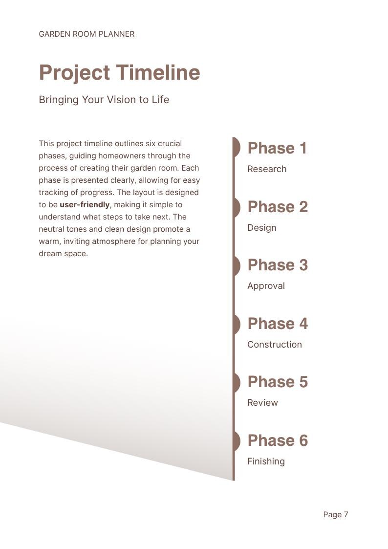Puede incluir: Un documento Garden Room Planner titulado Project Timeline, Bringing Your Vision to Life. Enumera seis fases: Phase 1 Research, Phase 2 Design, Phase 3 Approval, Phase 4 Construction, Phase 5 Review y Phase 6 Finishing, con texto.