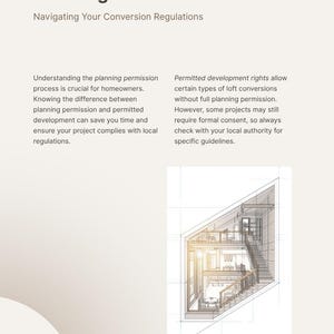 Op de afbeelding: Een pagina uit een zolderverbouwingsplanner met de titel Planning Permission, Navigating Your Conversion Regulations. Het bevat tekst over bouwvergunningen en ontwikkelingsrechten, naast een technische architecturale schets van een zolder.