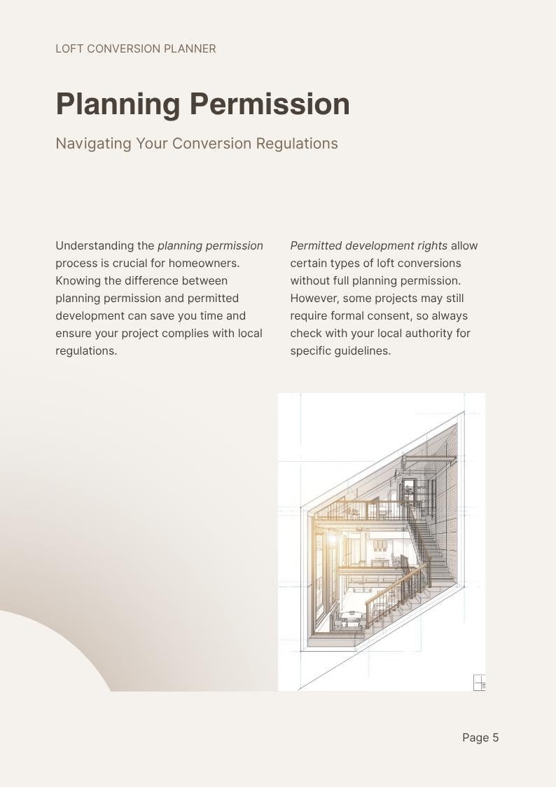 Op de afbeelding: Een pagina uit een zolderverbouwingsplanner met de titel Planning Permission, Navigating Your Conversion Regulations. Het bevat tekst over bouwvergunningen en ontwikkelingsrechten, naast een technische architecturale schets van een zolder.